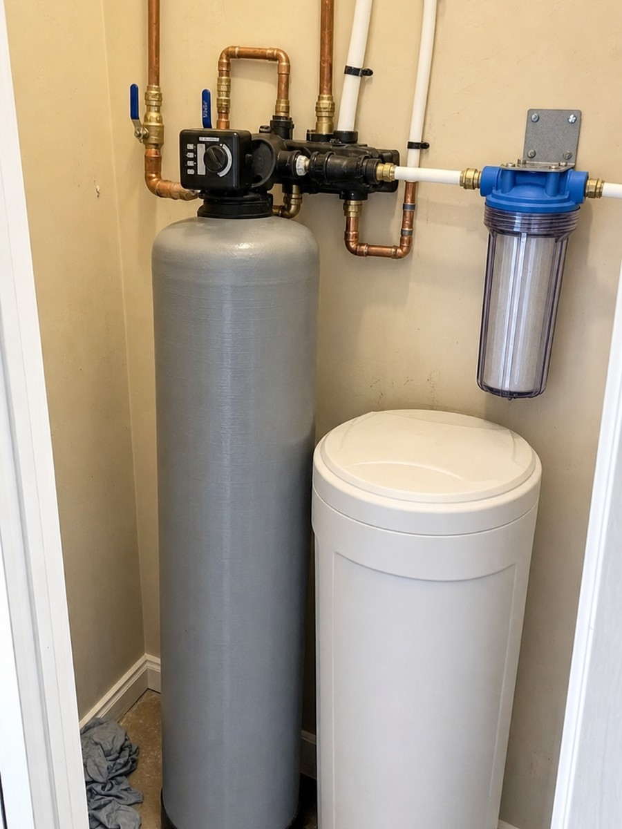 Whole-home water softener and filtration tanks installed in a Pueblo, Colorado utility closet
